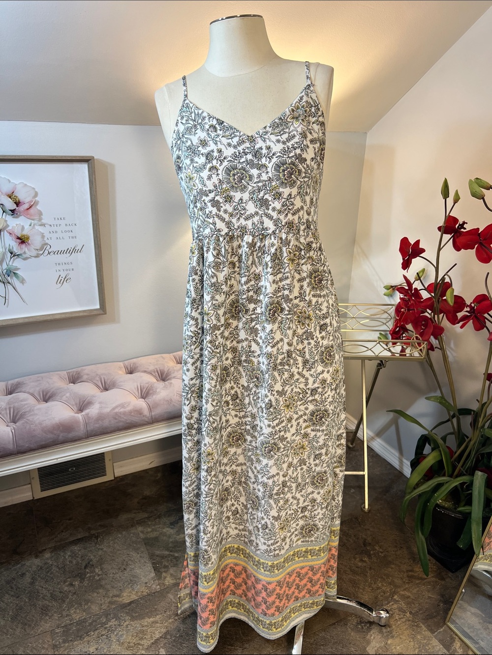 LOFT White Maxi Dress with Gray Floral Print & Corale-Yellow Border Size 4